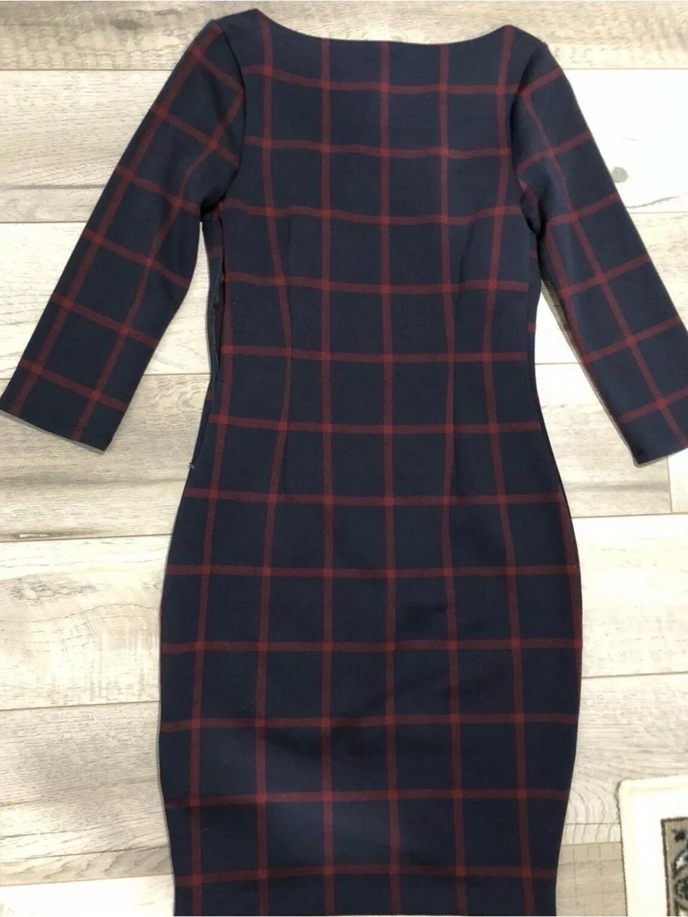 Large Express Navy and Burgundy Plaid Sheath Dress - Women